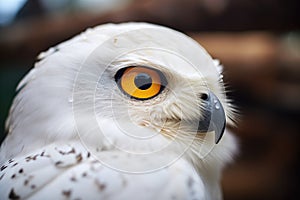 close-up of snowy owl eyes while perched on pine branch
