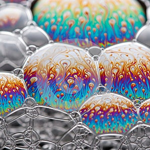 Close-up of a soap bubble cluster showcasing vibrant thin-film interference patterns.