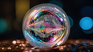 a close up of a soap bubble with a reflection of a city in it and a blue background with lights and boke dots in the background