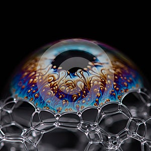 Close-up of a soap bubble structure with an intricate pattern on its surface,