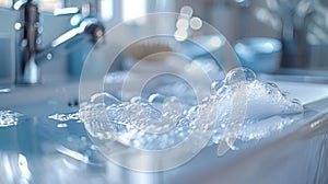 Close-up of soap bubbles in a sparkling clean sink.