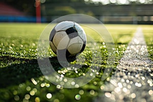 Close-up of a soccer ball on the field line with stadium seats and glistening morning dew