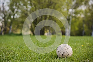 close up soccer ball grass. High quality photo