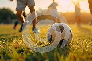 Close-up of soccer ball on grass during sunset