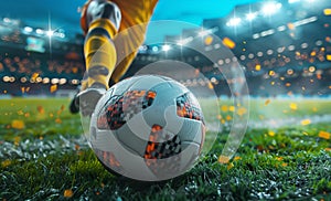 Close-up of soccer ball on green field with and proffesional player legs in socks. Lights shining on grass, creating vibrant,