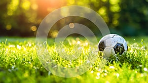 Close up of a soccer ball resting on vibrant green grass