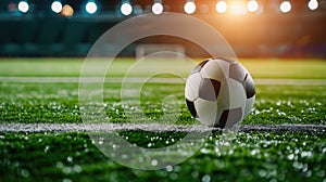 Close-up of a soccer ball on vibrant green grass, illuminated by sunset light