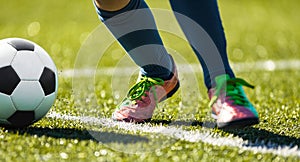 Close up soccer football kick the ball. Feet of footballer running and kicking soccer ball