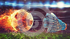 Close up of a soccer scene at night match with a goalkeeper trying to catch a fiery ball