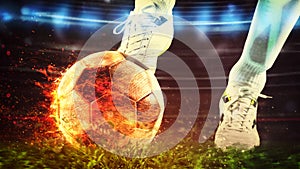 Close up of a soccer scene with player kicking a fiery ball with power