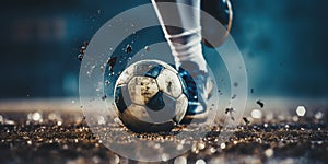 Close up of a soccer striker ready to kicks the ball at the stadium