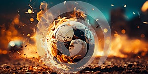 Close up of a soccer striker ready to kicks a fiery ball at the stadium