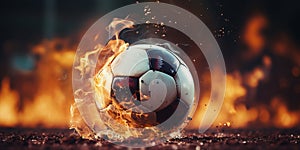 Close up of a soccer striker ready to kicks a fiery ball at the stadium