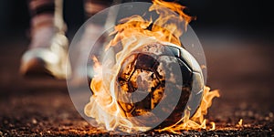 Close up of a soccer striker ready to kicks a fiery ball at the stadium