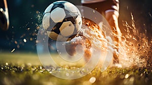Close up of a soccer striker ready to kicks a fiery ball at the stadium