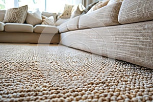 close up of sofa with beige carpet rug home interior background