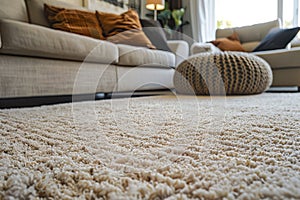 close up of sofa with beige carpet rug home interior background