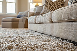 close up of sofa with beige carpet rug home interior background