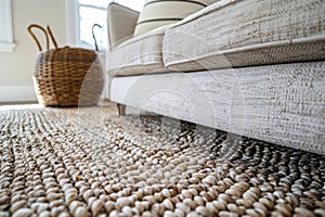 close up of sofa with beige carpet rug home interior background