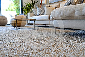 close up of sofa with beige carpet rug home interior background