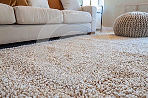 close up of sofa with beige carpet rug home interior background