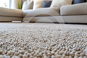 close up of sofa with beige carpet rug home interior background