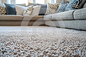 close up of sofa with beige carpet rug home interior background