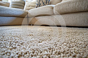 close up of sofa with beige carpet rug home interior background