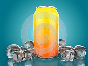 Close Up of Soft Drink Can With Ice. On Blue Background. 3d Illustration.