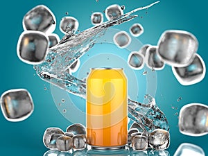 Close Up of Soft Drink Can With Ice. On Blue Background. 3d Illustration.