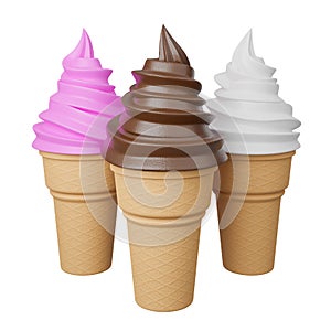 Close up Soft serve ice cream of strawberry, vanilla and chocolate flavours on crispy cone.,3d model and illustration