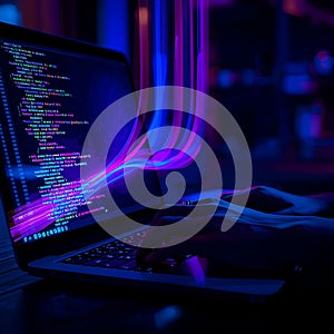 Programmer Coding on Laptop with Neon Data Flow and Artificial Intelligence Technology Concept