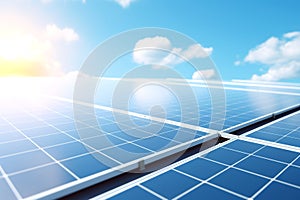 Close-up solar panel with sunlight. Blue sky solar panel design. Banner for design with copy space