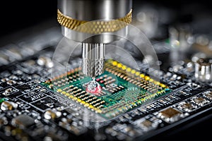 Close-Up of Soldering Process on Microchip for Electronics Assembly and Technology Manufacturing Generative AI