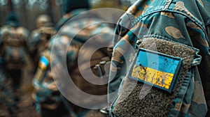 Close up of a soldiers arm in military camouflage patch