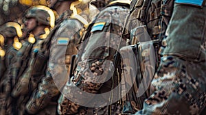 Close up of a soldiers arm in military camouflage patch