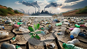 Close-up of a solitary green plant emerging from cracked, parched soil, encircled by plastic waste