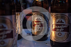 Close up on some bottles of Valjevsko Pivo Beer. Valjevsko pivo is a light beer produced by the Valjevska Pivara Brewery