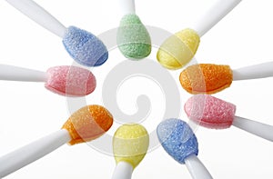 A close up of some colourful eyeshadow applicators photo