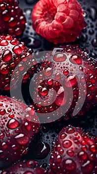 A close up of some red raspberries with water droplets