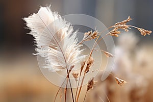 a close up of some tall grass with some white feathers on it