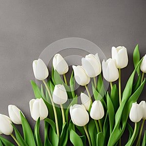 close-up of some white tulips isolated on gray background. flat lay with empty space.