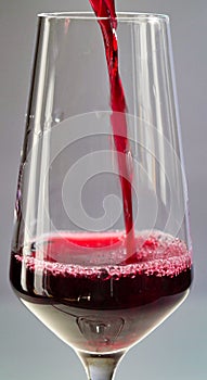 Close-up of a sommelier, a waiter pours red wine, juice or champagne into a glass glass. Alcohol in a glass