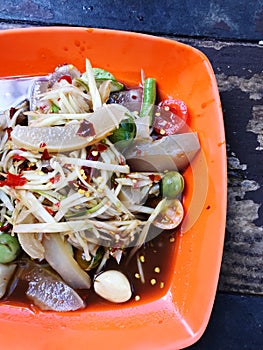 Close up Somtum is famous Thai food, spicy salad good for diet