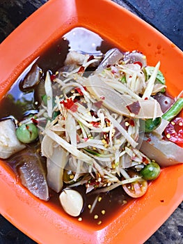 Close up Somtum is famous Thai food, spicy salad good for dietp