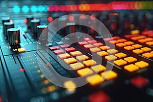 A close up of a sound board with buttons and knobs, Abstract equalizer background