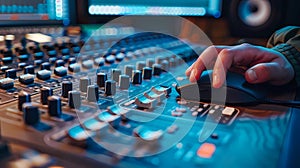 Close-up of sound engineer hand adjusting the volume on mixing console, Generative AI illustrations