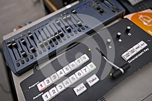 Close-up of sound recording equipment in television studio