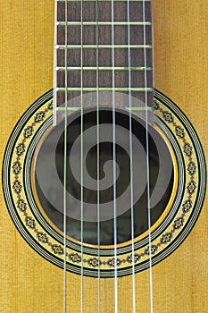 Close-up of the soundhole in the box of a Spanish guitar