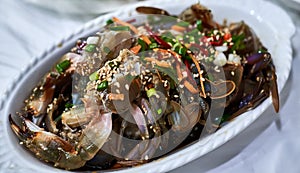 Close-up of a  Soy Sauce Marinated Crab, a South Korean cuisine, which is made by marinating fresh raw crabs soy sauce or in a s